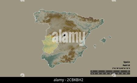 Entsättigte Form von Spanien mit seiner Hauptstadt, der wichtigsten regionalen Teilung und der abgetrennten Extremadura-Bereich. Beschriftungen. Topografische Reliefkarte. 3D-Rendering Stockfoto