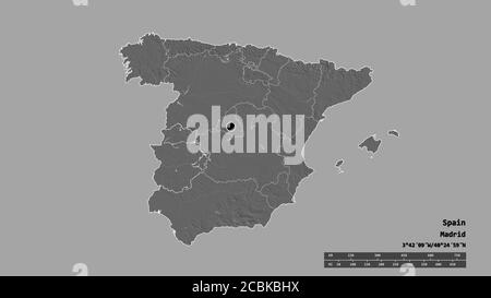 Entsättigte Form von Spanien mit seiner Hauptstadt, der wichtigsten regionalen Teilung und der abgetrennten Extremadura-Bereich. Beschriftungen. Höhenkarte mit zwei Ebenen. 3D-Rendering Stockfoto