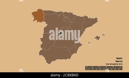 Entsättigte Form von Spanien mit seiner Hauptstadt, der wichtigsten regionalen Teilung und der abgetrennten Galicien-Bereich. Beschriftungen. Komposition von gemusterten Texturen. 3D-Rend Stockfoto