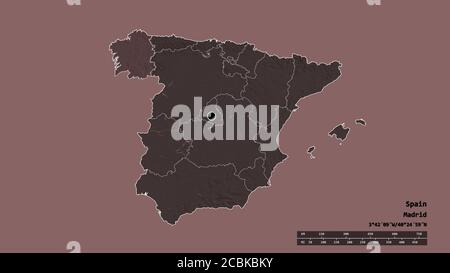 Entsättigte Form von Spanien mit seiner Hauptstadt, der wichtigsten regionalen Teilung und der abgetrennten Galicien-Bereich. Beschriftungen. Farbige Höhenkarte. 3D-Rendering Stockfoto