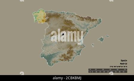 Entsättigte Form von Spanien mit seiner Hauptstadt, der wichtigsten regionalen Teilung und der abgetrennten Galicien-Bereich. Beschriftungen. Topografische Reliefkarte. 3D-Rendering Stockfoto