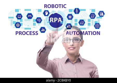 Geschäftsfrau drückt Tasten im RPA-Konzept Stockfoto