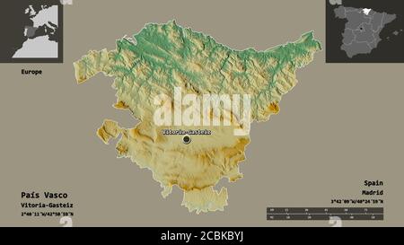 Gestalt von País Vasco, der autonomen Gemeinschaft Spaniens und ihrer Hauptstadt. Entfernungsskala, Vorschauen und Beschriftungen. Topografische Reliefkarte. 3D-Rendering Stockfoto