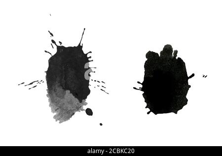 Grafikressourcen. Schwarze Tintenflecken auf weißem Hintergrund isoliert Stockfoto