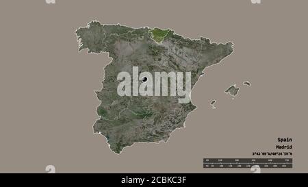 Entsättigte Form von Spanien mit seiner Hauptstadt, Hauptregionalteilung und dem abgetrennten País Vasco-Gebiet. Beschriftungen. Satellitenbilder. 3D-Rendering Stockfoto