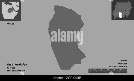 Form von West-Kurdufan, Staat Sudan, und seine Hauptstadt. Entfernungsskala, Vorschauen und Beschriftungen. Höhenkarte mit zwei Ebenen. 3D-Rendering Stockfoto