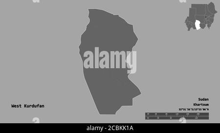 Form von West-Kurdufan, Staat Sudan, mit seiner Hauptstadt isoliert auf festem Hintergrund. Entfernungsskala, Regionenvorschau und Beschriftungen. Höhe der Bilevel ma Stockfoto