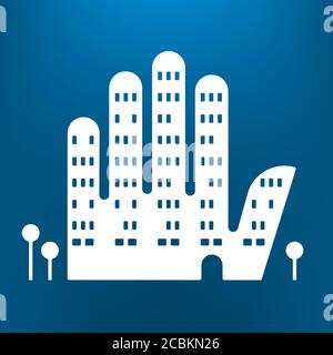 Vector Illustration. Symbol Hand in Weiß wie ein Gebäude. Symbol der Gemeinschaft. Stock Vektor