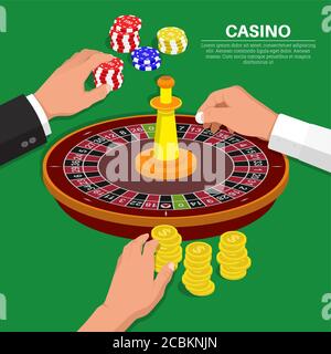 Hände von Menschen mit Objekten aus Casino.Roulette-Spiel.Design-Elemente in einer Isometrie.3D-Stil.Vektor-Illustration. Flaches Design. Stock Vektor