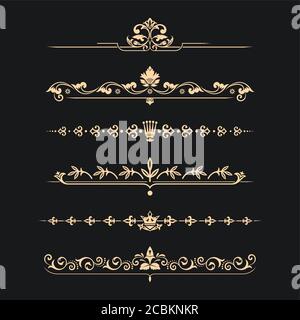Set von kalligraphischen Gold Elemente des Designs.mittelalterliche Stil. Ausführung der Seite. Zuordnung des Textes im Vintage-Stil. Typografische Partitionen Stock Vektor