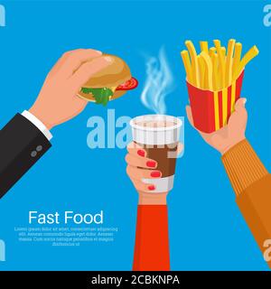 Die Hände von Menschen, die ein Glas über Kaffee, Sandwich, ein Paket von Französisch frites.Konzept der Fast Food.Lunch break.3D-Stil.Vektor-Illustration. F Stock Vektor