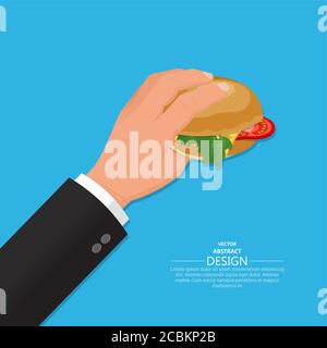 Die männliche Hand hält Sandwich.Konzept eines Fast Food.Vektor-Illustration in 3D-Stil.Mittagspause.Flat Design. Stock Vektor