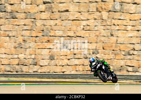 14. August 2020; Ciudad del Motor de Aragon, Alcaniz, Spanien; WorldSBK, Aragon World Super Bike Test; Roman Ramos vom Kawasaki Pedercini Team fährt die Kawasaki ZX-10RR Stockfoto