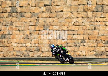 14. August 2020; Ciudad del Motor de Aragon, Alcaniz, Spanien; WorldSBK, Aragon World Super Bike Test; Roman Ramos vom Kawasaki Pedercini Team fährt die Kawasaki ZX-10RR Stockfoto