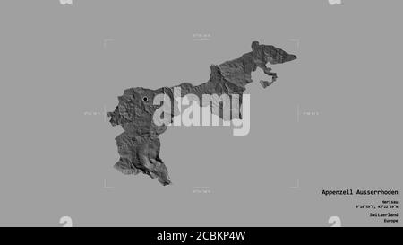 Gebiet von Appenzell Ausserrhoden, Kanton Schweiz, isoliert auf einem soliden Hintergrund in einem georeferenzierten Begrenzungsrahmen. Beschriftungen. Höhenkarte mit zwei Ebenen. Stockfoto