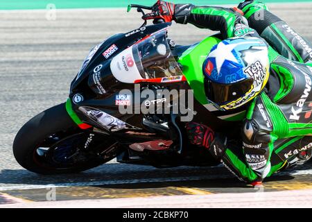 14. August 2020; Ciudad del Motor de Aragon, Alcaniz, Spanien; WorldSBK, Aragon World Super Bike Test; Roman Ramos vom Kawasaki Pedercini Team fährt die Kawasaki ZX-10RR Stockfoto