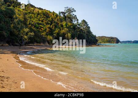 Der Strand von Paihia, Nordinsel, Neuseeland. Ein Gebiet in der Nähe des Waitangi Treaty Grounds und Zugang zur Bay of Islands. Stockfoto