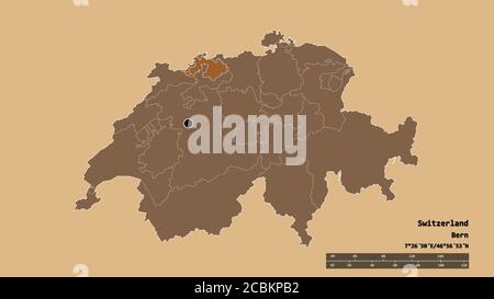 Entsättigte Form der Schweiz mit ihrer Hauptstadt, Hauptregionalteilung und dem abgetrennten Basel-Landschaft-Gebiet. Beschriftungen. Komposition aus gemusterter te Stockfoto