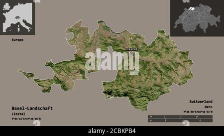 Form der Basel-Landschaft, Kanton Schweiz, und ihrer Hauptstadt. Entfernungsskala, Vorschauen und Beschriftungen. Satellitenbilder. 3D-Rendering Stockfoto