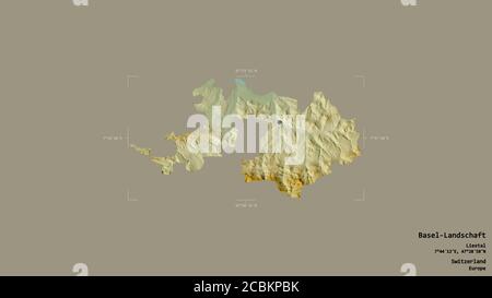 Gebiet Basel-Landschaft, Kanton Schweiz, isoliert auf einem soliden Hintergrund in einem georeferenzierten Begrenzungsrahmen. Beschriftungen. Topografische Reliefkarte. 3D-RE Stockfoto