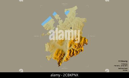 Gebiet Fribourg, Kanton Schweiz, isoliert auf einem soliden Hintergrund in einem georeferenzierten Begrenzungsrahmen. Beschriftungen. Topografische Reliefkarte. 3D-Rendering Stockfoto