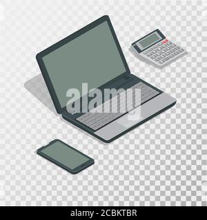 Der Computer, der Rechner, das Telefon auf einem transparenten Hintergrund. Eine Gruppe von Büroobjekten in einer Isometrie.3D-Symbole mit einem Schatten.Vektor-Illustration. Stock Vektor