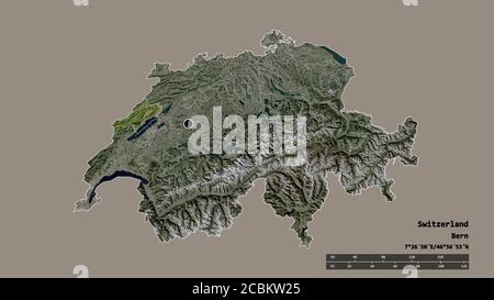 Entsättigte Form der Schweiz mit ihrer Hauptstadt, Hauptregionalteilung und dem abgetrennten Neuchâtel-Gebiet. Beschriftungen. Satellitenbilder. 3D-Rendering Stockfoto