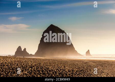 Blick auf den Strand und den Heuhaufen, Cannon Beach, Oregon, USA Stockfoto