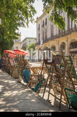 Flohmarkt Stallbesitzer in Plaza de Armas, Havanna, Kuba Stockfoto