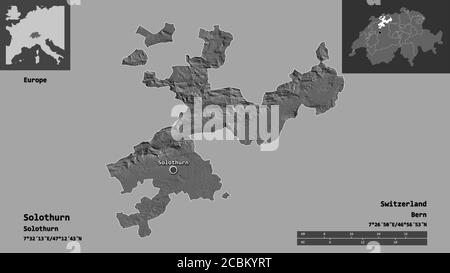 Form von Solothurn, Kanton Schweiz, und seine Hauptstadt. Entfernungsskala, Vorschauen und Beschriftungen. Höhenkarte mit zwei Ebenen. 3D-Rendering Stockfoto