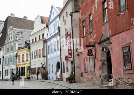 Reihe von alten Stadthäusern, Cesky Krumlov, Böhmen, Tschechische Republik Stockfoto