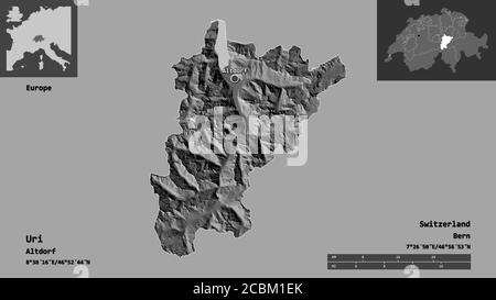 Form von Uri, Kanton Schweiz, und seine Hauptstadt. Entfernungsskala, Vorschauen und Beschriftungen. Höhenkarte mit zwei Ebenen. 3D-Rendering Stockfoto