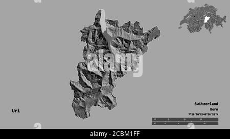 Form von Uri, Kanton Schweiz, mit seiner Hauptstadt isoliert auf festem Hintergrund. Entfernungsskala, Regionenvorschau und Beschriftungen. Höhenkarte mit zwei Ebenen. Stockfoto