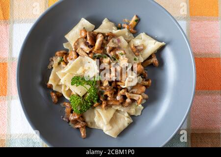 Pappardelle Pasta mit wilden gezüchtet Pfifferlinge Pilze in einer cremigen Weißweinsauce in einer grauen Schüssel auf einem Tisch Stoff Stockfoto