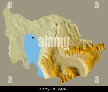 Form von Zug, Kanton Schweiz, mit seiner Hauptstadt isoliert auf einem einfarbigen Hintergrund. Topografische Reliefkarte. 3D-Rendering Stockfoto