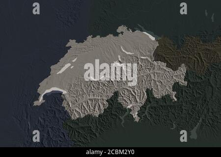 Form der Schweiz durch die Desaturierung der Nachbargebiete getrennt. Farbige Höhenkarte. 3D-Rendering Stockfoto