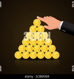 Die Hand des Geschäftsmannes unterstützt eine finanzielle Pyramide.World Business Concept.Vector Illustration in flachem Stil. Stock Vektor