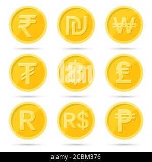 Eine Reihe von Symbolen von Münzen zu einer Stenye auf dem isolierten weißen Hintergrund.Zeichen Rupie, Baht, Lira, Schekel, Dollar, Tugrik, Peso, Rand,won.Symbols von Curren Stock Vektor