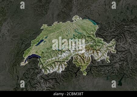 Form der Schweiz durch die Desaturierung der Nachbargebiete getrennt. Rahmen. Satellitenbilder. 3D-Rendering Stockfoto