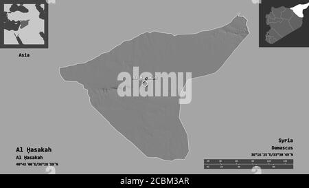 Form von Al Ḥasakah, Provinz Syrien, und seine Hauptstadt. Entfernungsskala, Vorschauen und Beschriftungen. Höhenkarte mit zwei Ebenen. 3D-Rendering Stockfoto