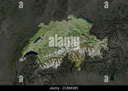 Form der Schweiz durch die Desaturierung der Nachbargebiete getrennt. Satellitenbilder. 3D-Rendering Stockfoto