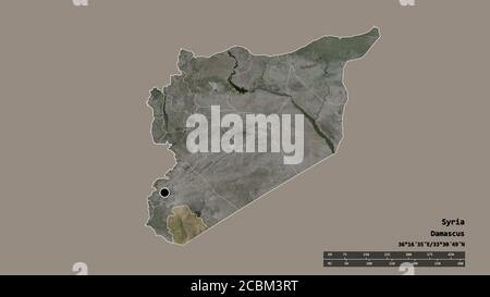 Entsättigte Form Syriens mit seiner Hauptstadt, der wichtigsten regionalen Teilung und der abgetrennten als Suwayda' Gebiet. Beschriftungen. Satellitenbilder. 3D-Rendering Stockfoto