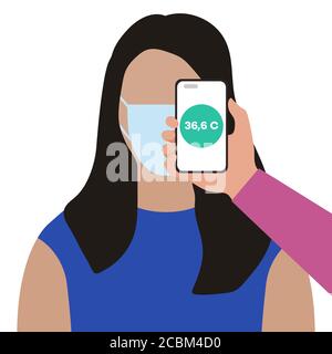 Vektor-Illustration Telefon auf der Stirn der Person platziert fernab misst Temperatur. Neue Technologie. Neue normale. Messung der menschlichen Körpertemperatur Stock Vektor