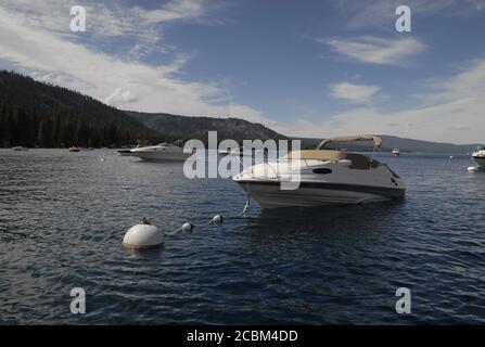 Lake Tahoe, Kalifornien, Juni 2006: Stern fährt Motorboote, die im Wasser auf der kalifornischen Seite des Lake Tahoe an der Grenze zwischen Kalifornien und Nevada festgemacht sind. ©Bob Daemmrich Stockfoto
