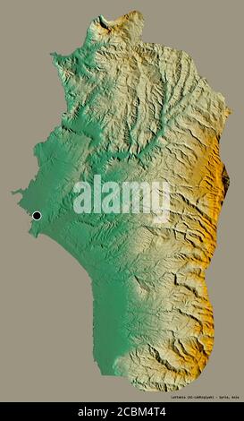 Form von Lattakia, Provinz Syrien, mit seiner Hauptstadt isoliert auf einem einfarbigen Hintergrund. Topografische Reliefkarte. 3D-Rendering Stockfoto