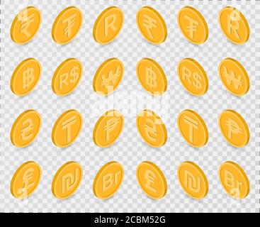 Zeichensatz von Währungen auf dem transparenten isolierten Hintergrund.Banknoten der verschiedenen Länder der Welt.Goldmünzen in isometrischen, 3D-Stil Stock Vektor