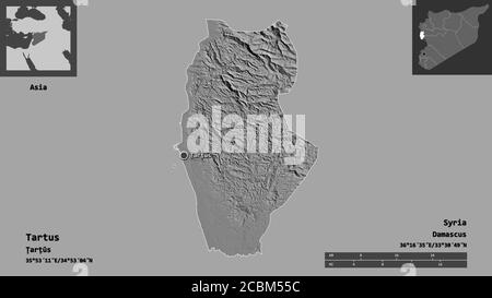 Form von Tartus, Provinz Syrien, und seine Hauptstadt. Entfernungsskala, Vorschauen und Beschriftungen. Höhenkarte mit zwei Ebenen. 3D-Rendering Stockfoto