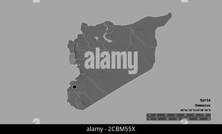 Entsättigte Form Syriens mit seiner Hauptstadt, der wichtigsten regionalen Teilung und dem abgetrennten Tartusgebiet. Beschriftungen. Höhenkarte mit zwei Ebenen. 3D-Rendering Stockfoto