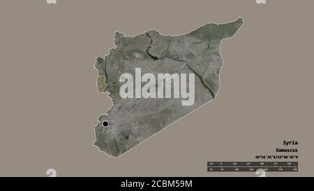 Entsättigte Form Syriens mit seiner Hauptstadt, der wichtigsten regionalen Teilung und dem abgetrennten Tartusgebiet. Beschriftungen. Satellitenbilder. 3D-Rendering Stockfoto