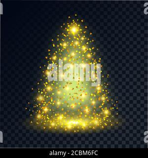 Frohe Weihnachten. Eine Silhouette der leuchtenden Tanne mit Spangeln und Feuern auf transparentem Hintergrund. Ein Gestaltungselement für festliche Aktionen. Vecto Stock Vektor